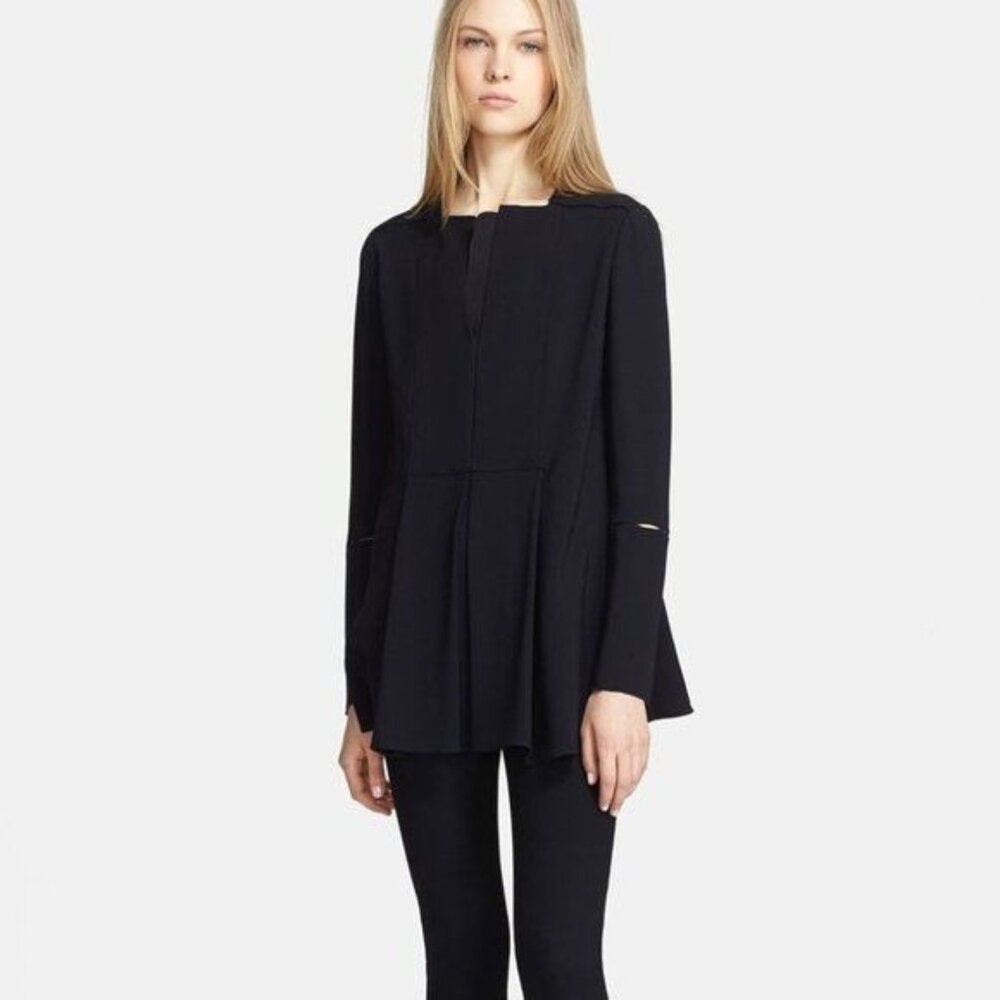 Proenza Schouler Size 2 Black Satin Back Pleated Crepe Blouse Lagenlook Minimal